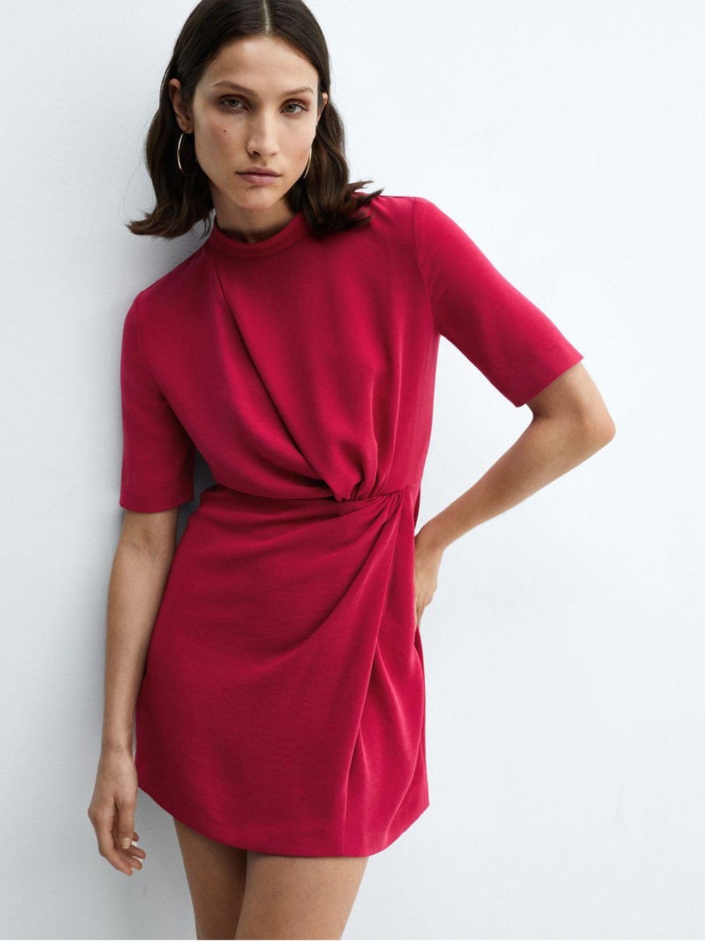 Mango Hannah Draped Short Sleeve Mini Dress in Fuchsia Pink S